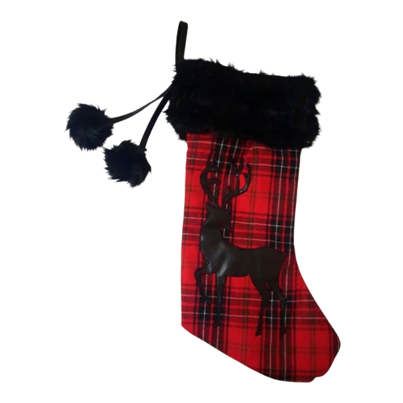 New 18" Buffalo Plaid Stocking Faux Fur Leather Deer Red/Black Holiday Christmas - Picture 1 of 4